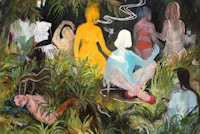 a painting of a group of people in the jungle
